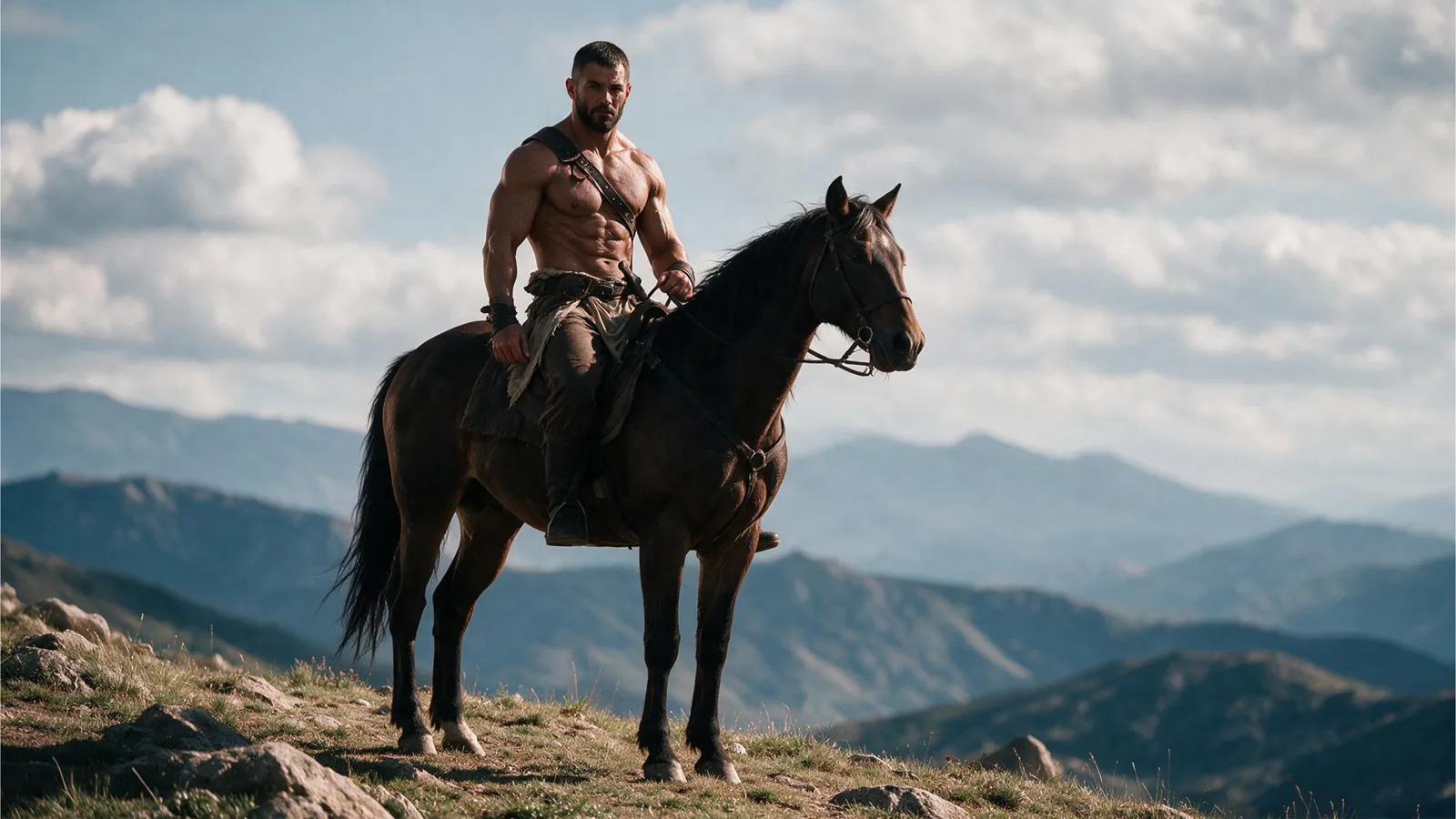 A rider halted on a ridge above a mountain range