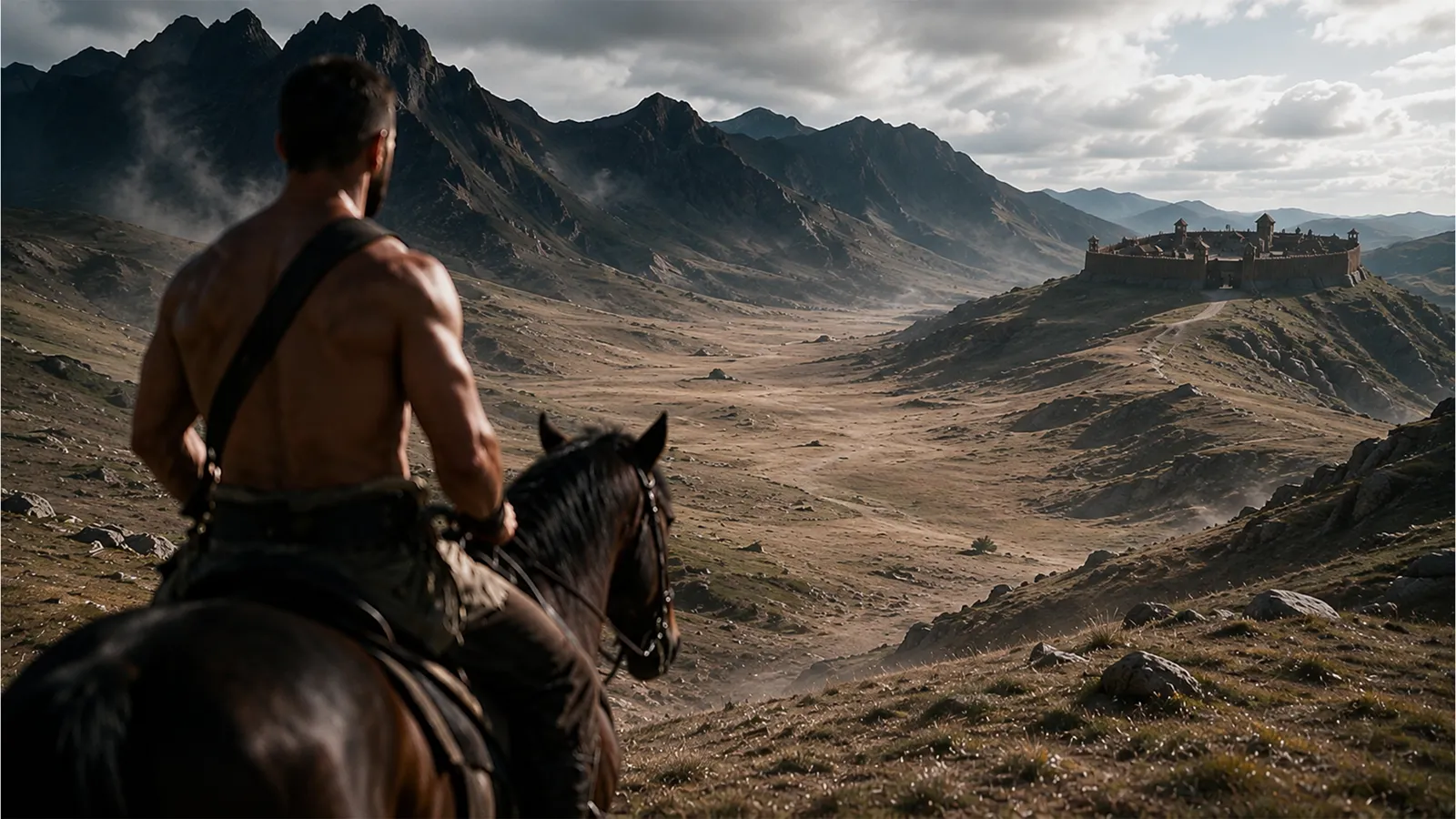 A rider looking down a wide valley toward a hilltop fort