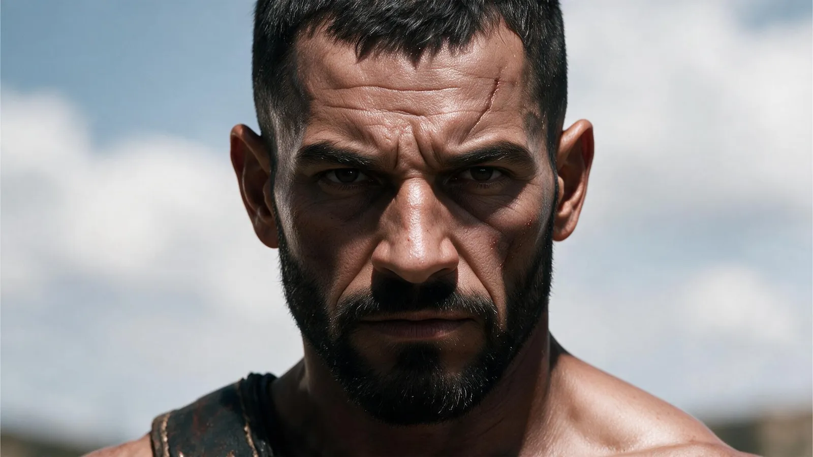 A scarred warlord in close-up, facing the camera under open sky